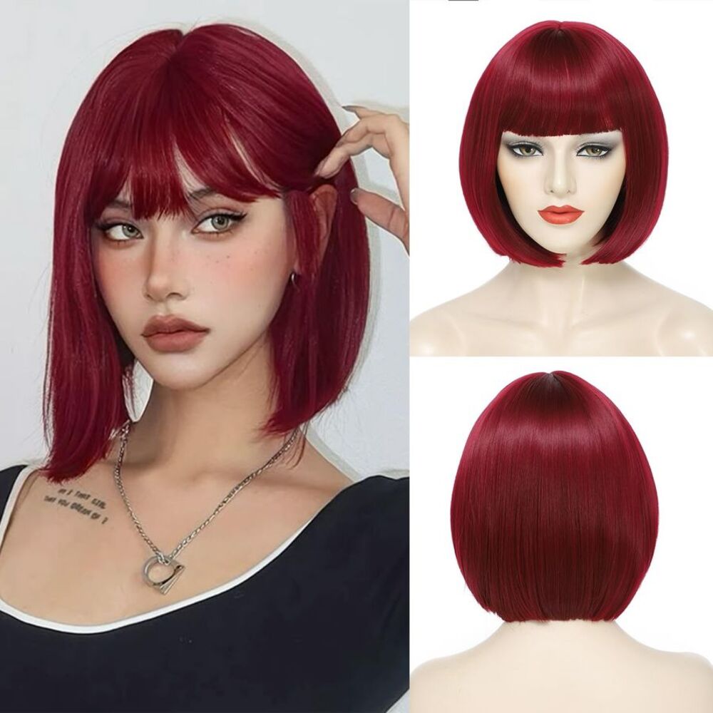 Burgundy Bob Wig With Bangs Short Straight Heat Resistant Synthetic